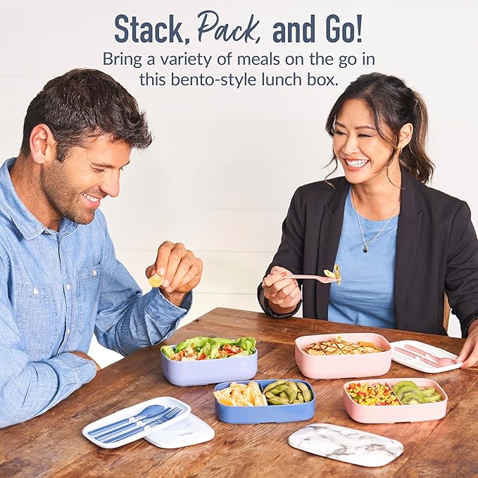 Bentgo Classic - Adult Bento Box, Stackable 3-Compartment Lunch Box with Removable Utensil Set and Sealing Strap, BPA-Free, Food Container Ideal for Meal Prep, Work, and On the Go (Slate)