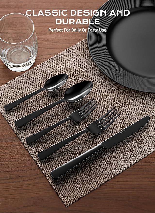 Black Silverware Set, 45-Piece Flatware Set Service for 8, Durable Stainless Steel, Mirror Polished Tableware Eating Cutlery Set, Kitchen Utensils Set with Steak Knives, Dishwasher Safe