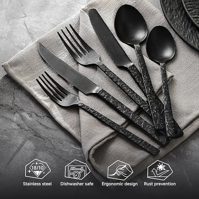 KINGSTONE 24 Pcs Black Hammered Silverware Set with Steak Knives for 4, 18/10 Stainless Steel Heavy Duty Flatware Set, Tableware Cutlery Utensil Sets for Home Restaurant Dishwasher Safe