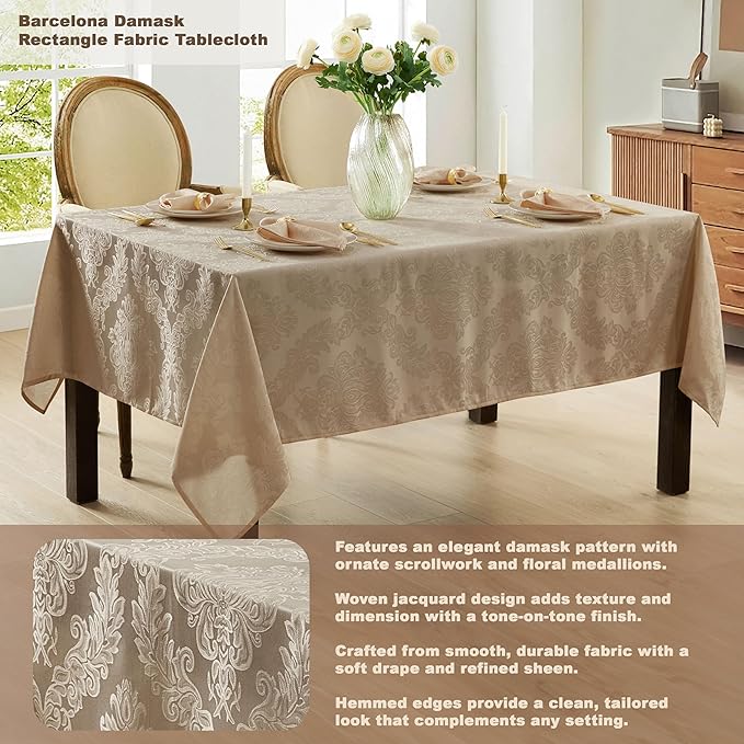 Newbridge Barcelona Luxury Damask Fabric Tablecloth, 52” Wide x 70” Rectangle, Golden Beige, 100% Polyester, No Iron, Soil Resistant Dining Room, Party and Banquet Table Cover