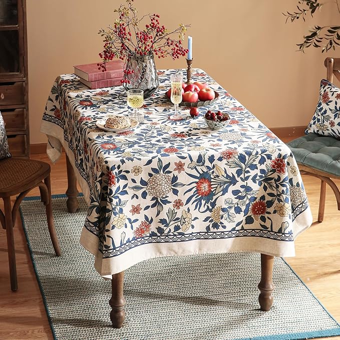 patdrea Designer Blue Tablecloth for Rectangle Table,Vintage Linen Leaves and Floral Pattern Extra Long Tablecloths,Floral Decor Cover for Kitchen Dining Christmas,Thanksgiving,67"x118"-Ivar a