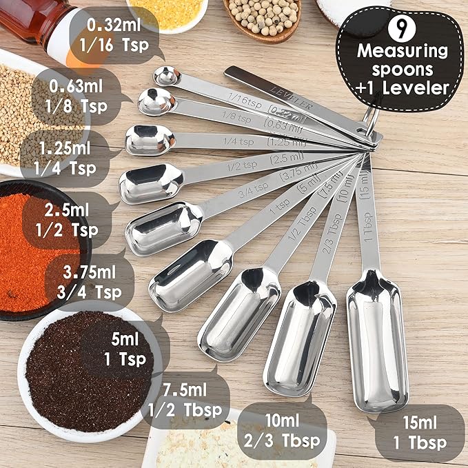 Stainless Steel Measuring Cups and Spoons Set, 18/8 (304) Measuring Cups Spoons, Heavy Duty 7 Measuring cups and 9 Measuring Spoons 1 Leveler for Baking and Kitchen