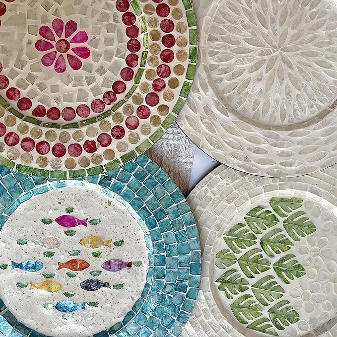 13 Inch Mother of Pearl Shell Placemat Plate – Large Round Decorative Heat for Table or Kitchen, Cabinet, Tabletop (Love Flower, 13 Inch)