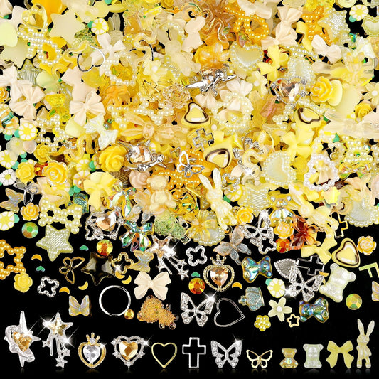 Sinyanail 3D Flower Nail Charms Set,150pcs Mixed Size Camellia Rose Resin Charms,150pcs Mixed Size and Color Leaves,100pcs Round White Pearl Beads for Nail Accessories Nail Art (31-Metal-Yellow)