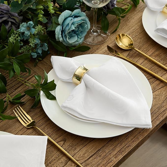 Newbridge Barcelona Luxury Damask Fabric Tablecloth, 52” Wide x 70” Rectangle, White, 100% Polyester, No Iron, Soil Resistant Dining Room, Party and Banquet Table Cover