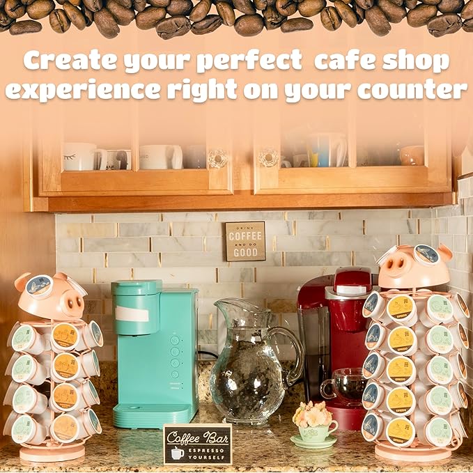 Made Easy Kit Carousel Coffee Pod Holder, Compatible with Keurig K-Pods K-Cups, Countertop Rack Storage Organizer, Metal Home and Kitchen Decor, Capsule Café Station Bar (Small, Pink Pig)