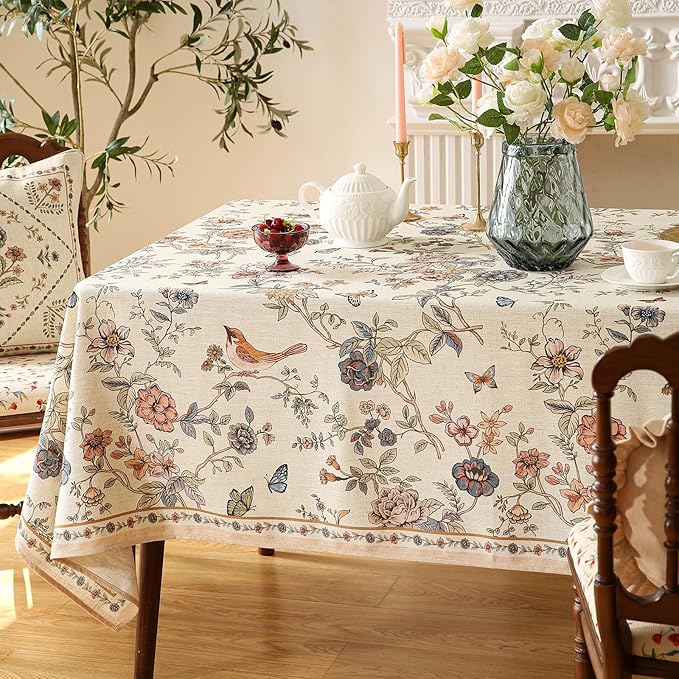 ISAENNE Designer French Light Beige Small Square Tablecloth,Linen Florals and Birds Pattern Table Cloth,Anti-Wrinkle Decorative Tablecloths for Dining Thanksgiving Kitchen,55"*55"-Cornucopia