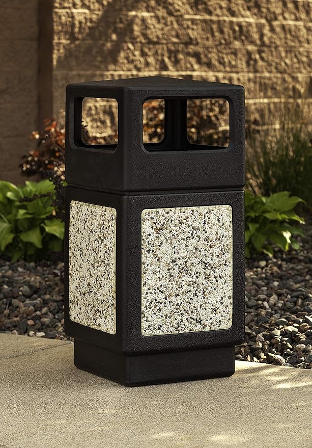 Safco Canmeleon Trash Can, 38 Gallons, Indoor and Outdoor Use, Durable & Weather-Resistant Commercial Garbage Can with Stone Panels, Black