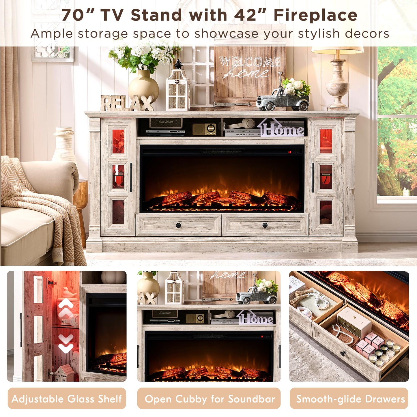 OKD Fireplace TV Stand for up-to-80 TV, Farmhouse 36" Tall Entertainment Center with 42" Electric Fireplace, Media Console with Glass Door Cabinets & Drawers for Living Room, Antique Brush White