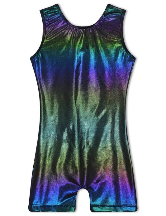 TENVDA Girls Leotards for Gymnastics Size 5 6 Years Old Holographic Solid Black Sleeveless Biketard Workout Unitard
