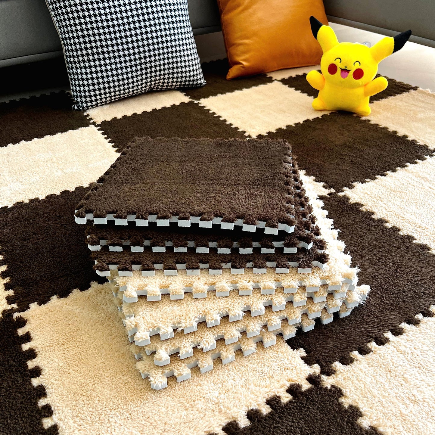 easycustomerlee 12pcs Interlocking Carpet Shaggy Soft EVA Foam Mats Fluffy Rugs Protective Floor Tiles Play Mats for Children Kids Room Home Parlor Bedroom(Brown)