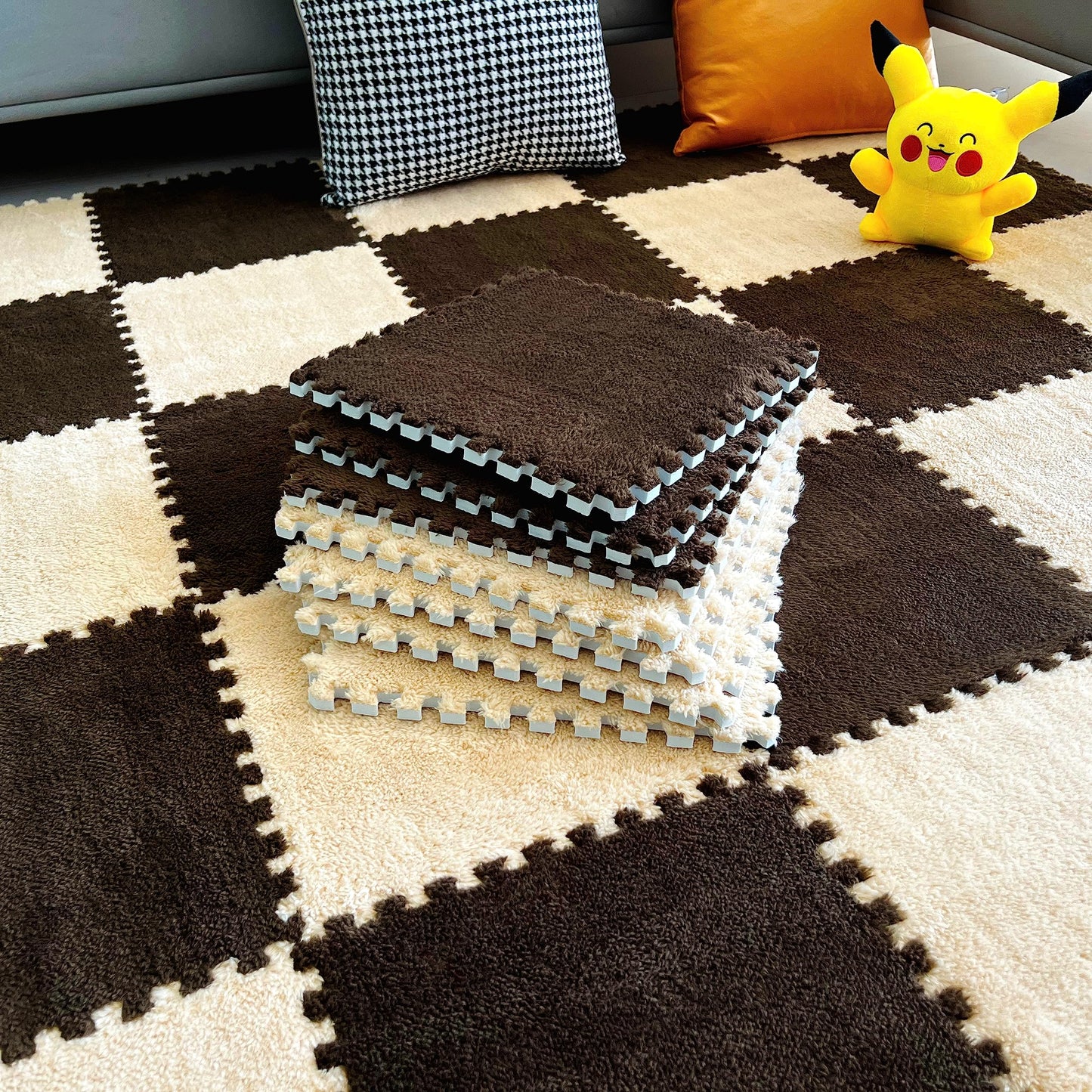 easycustomerlee 12pcs Interlocking Carpet Shaggy Soft EVA Foam Mats Fluffy Rugs Protective Floor Tiles Play Mats for Children Kids Room Home Parlor Bedroom(Brown)