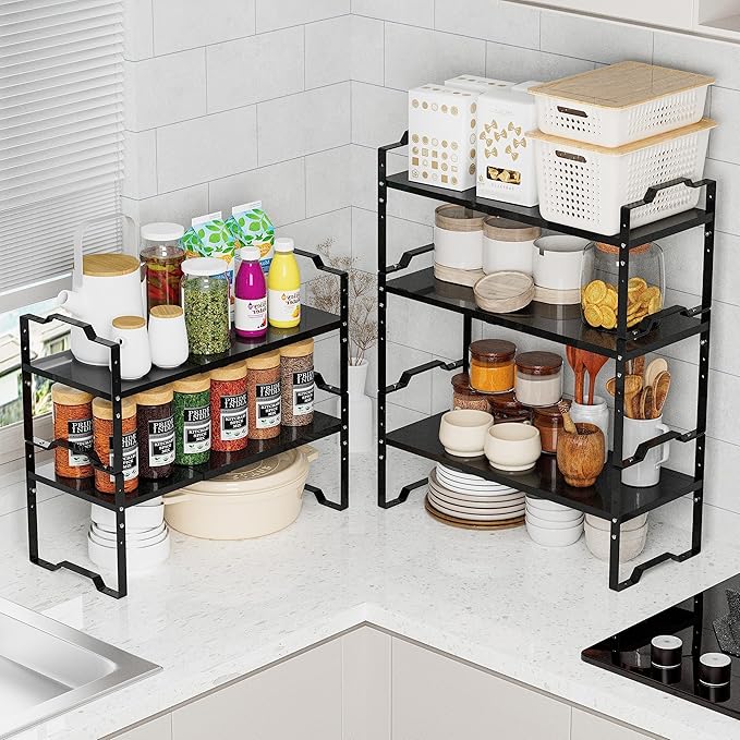 Expandable Shelf for Cabinet Organizer Adjustable Stackable Spice Rack at Kitchen and Bathroom More, Counter Countertop Cupboard Organization Pantry Storage(LARGE/2PACKS/BLACK)