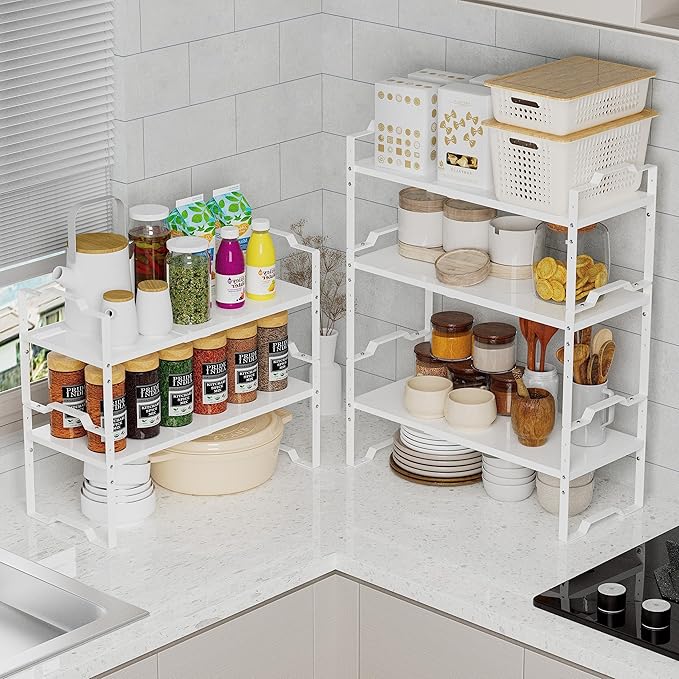 Expandable Shelf for Cabinet Organizer Adjustable Stackable Spice Rack at Kitchen and Bathroom More, Counter Countertop Cupboard Organization Pantry Storage(MEDIUM/3PACKS/WHITE)