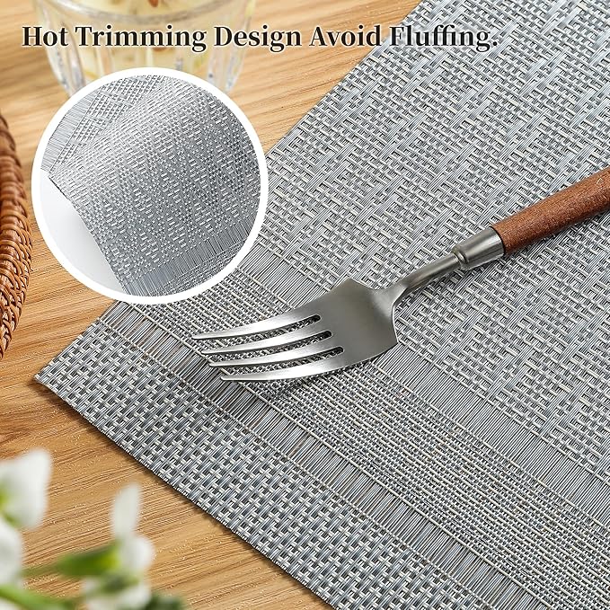Leetaltree Lunar Grey Placemats Set of 8 - Heat Resistant Non-Slip Place mats for Dining Table, Washable Durable PVC Vinyl Woven Table Mats（Lunar Grey, 8）