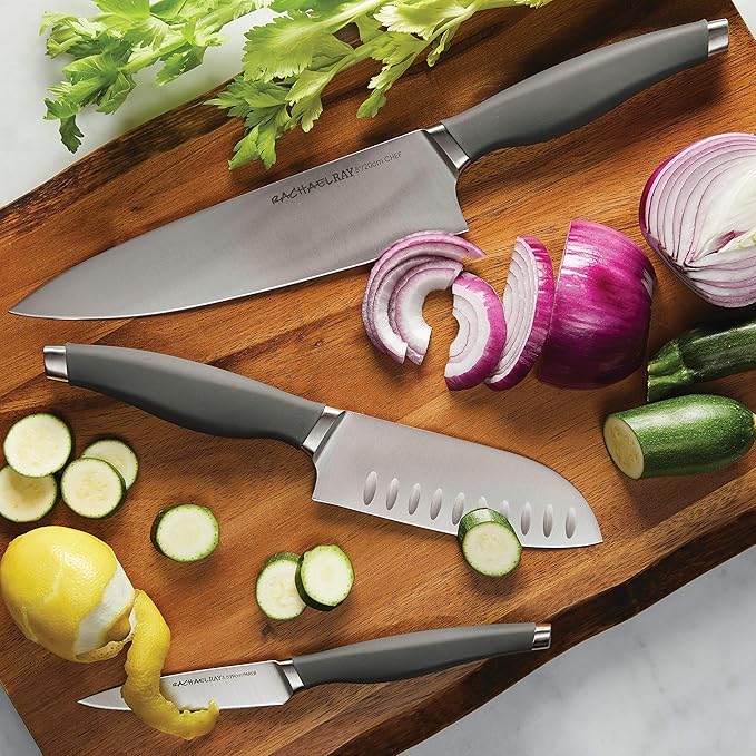 Rachael Ray Cutlery Japanese Stainless Steel Knives Set with Sheaths, 8-Inch Chef Knife, 5-Inch Santoku Knife, and 3.5-Inch Paring Knife, Gray