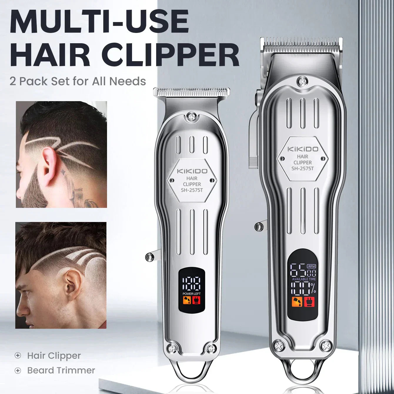 KIKIDO 2in1 Adjustable Cordless Hair Cutting Machine Full Metal Combo Kit Barber Hair Clipper Beard Shaver Kit for Men Gift2575T