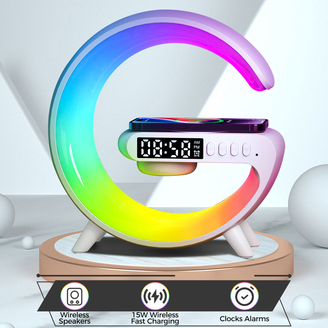 Multifunction RGB Light Bluetooth Speaker Alarm Clock 15W Wireless Charger Stand Pad For iPhone Samsung Fast Charging Station