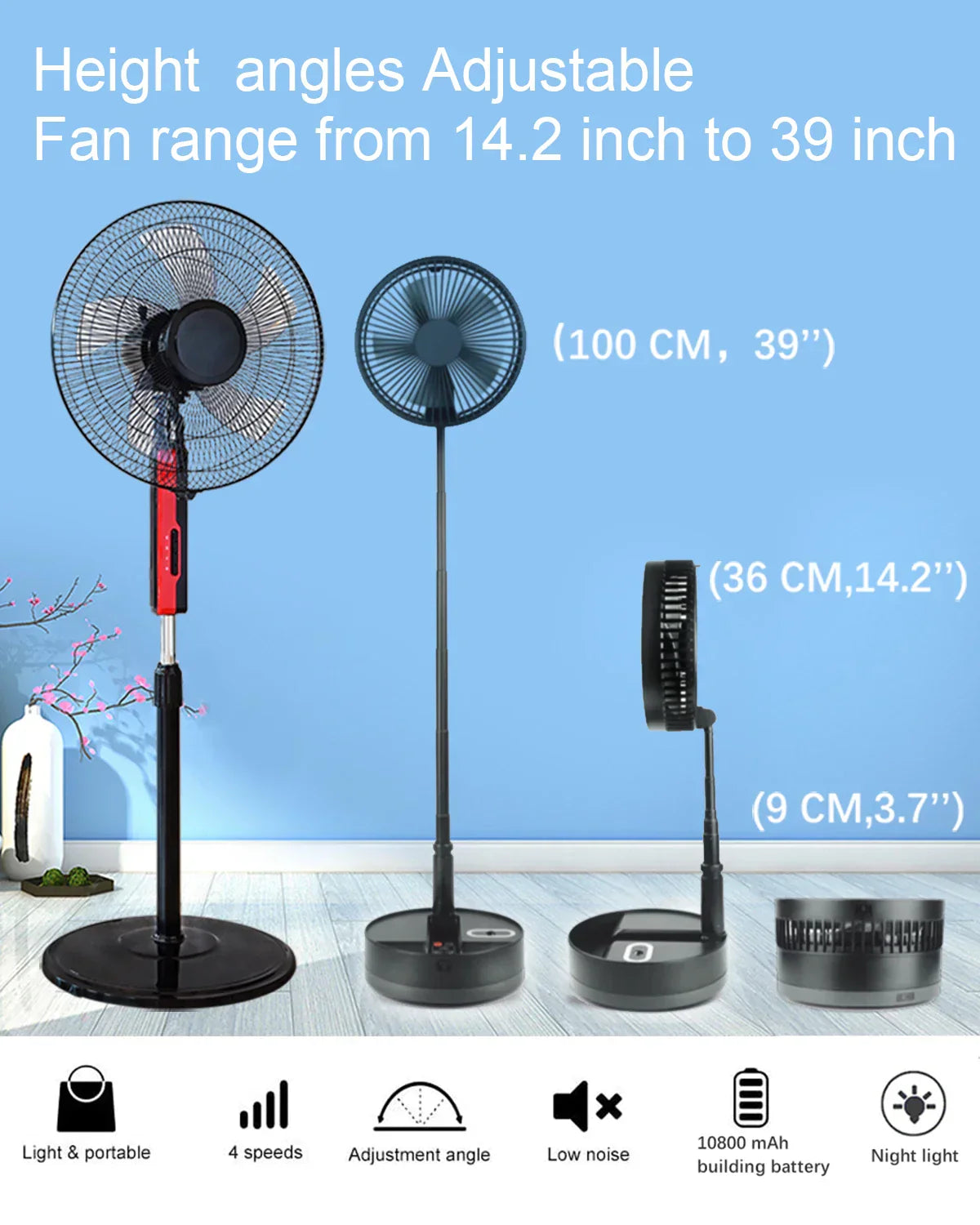 Foldable Fan Foldaway Oscillating with Remote Control, 10800mAh Battery Operated Fans, Portable for Outdoor, Courtyard, Beach