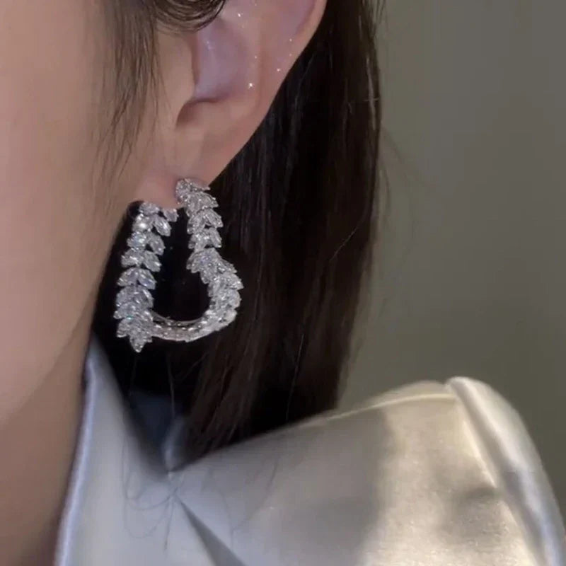 Luxury Earrings Shiny Zircon Fashion Personality Party Charm Jewelry Wheat Leaf Earring for Women Girls Valentine's Day Gift